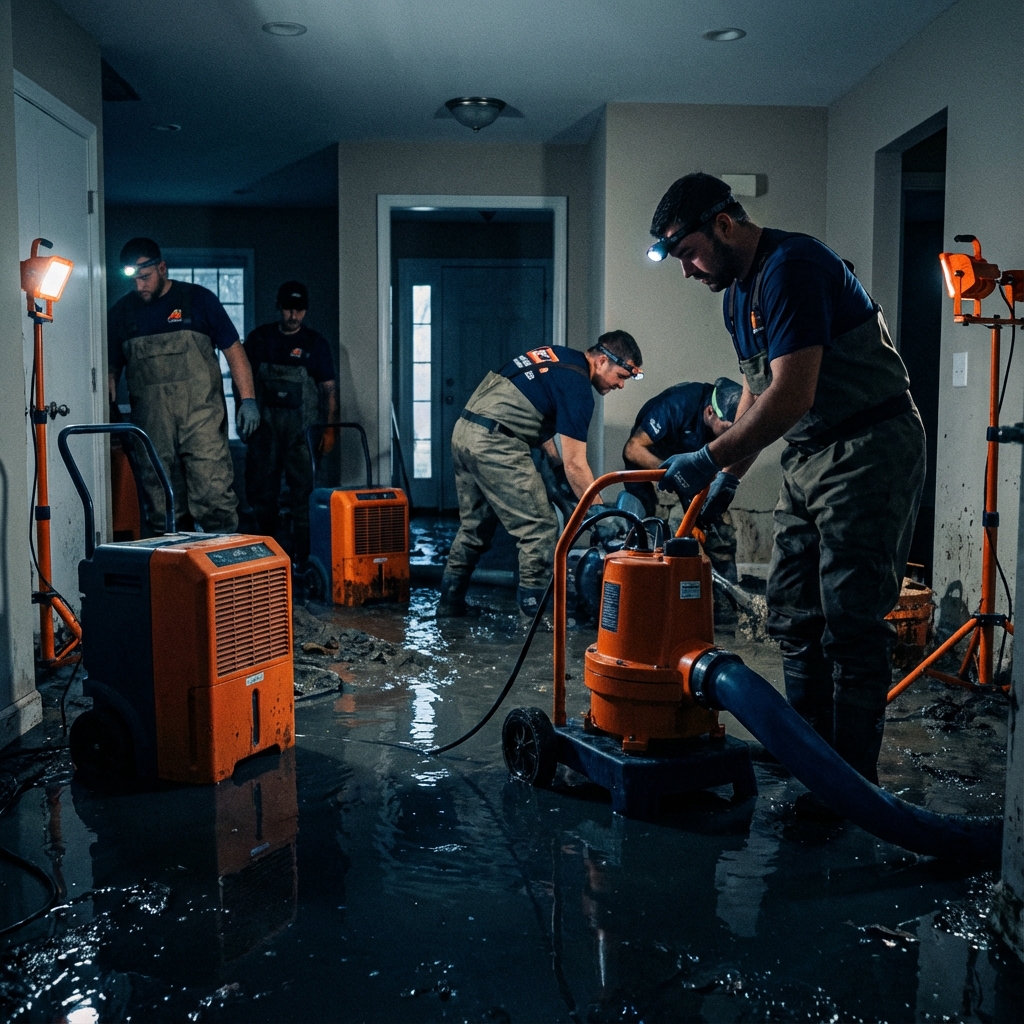 Restoration team working on flooded home